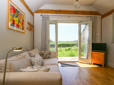 A sitting room with a beige sofa cushions a floor lamp a small television on a wooden stand and open double doors showing a garden at The Lodge at Mortons in Hankerton