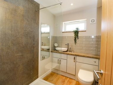 A bathroom with a shower, sink on a countertop, toilet, and a window with a plant at Troopers Cottage in Frome