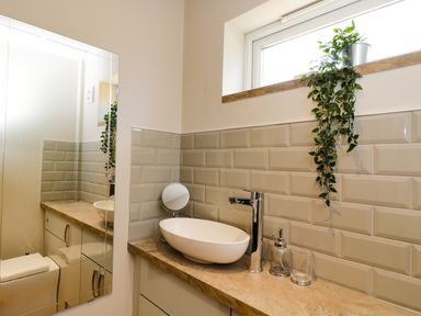 A bathroom with a countertop sink a faucet a mirror a soap dispenser a glass and a plant on the windowsill at Troopers Cottage in Frome