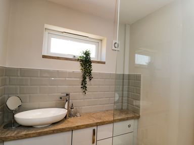 A bathroom sink with a countertop mirror and a small plant hanging near a window at Troopers Cottage in Frome