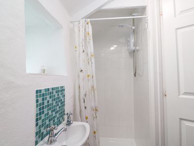 A bathroom with a small sink and a shower area with a curtain at Toadstools Rame Cross near Penryn