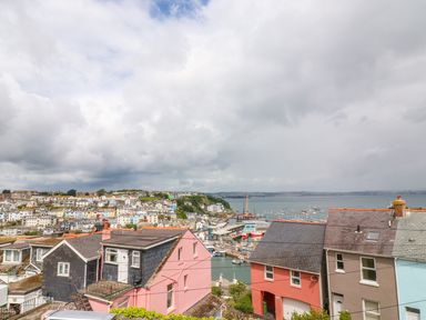 A coastal town with houses overlooking a harbor filled with boats at Quayside View in Brixham