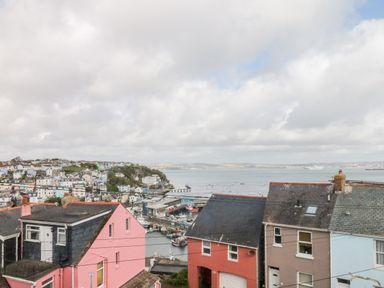 A view of colorful houses on a hillside overlooking a harbor with boats and water at Quayside View in Brixham