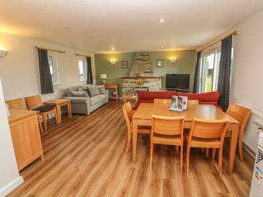 An open plan living and dining area with wooden dining table and chairs a red sofa a grey sofa a stone fireplace and a television at 64 Waterside in Lanivet