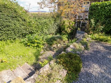 A garden area with stone steps lead down to a small gate surrounded by bushes and plants at Westmorland Cottage in Grange-Over-Sands