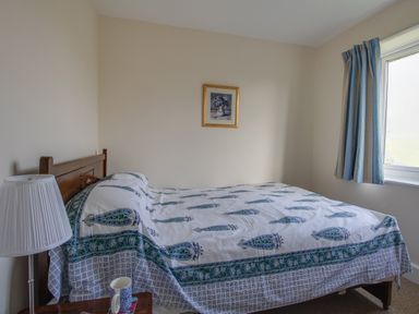 A bedroom with a bed covered in white and blue patterned bedding a wooden headboard a bedside table with a lamp and a mug and a window with blue curtains at Thorncroft in West Bay