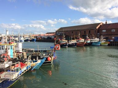A harbor with fishing boats moored near brick buildings at Cayton Pines Cayton Bay near Scarborough