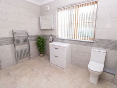 A bathroom with a white sink cabinet a toilet a heated towel rail a potted plant and a window with vertical blinds at Grooms Quarters at Pant y Gaseg Farm in Ammanford