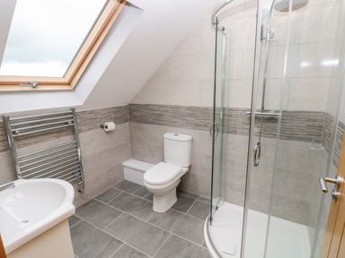 A bathroom with a toilet sink shower and window at Grooms Quarters at Pant y Gaseg Farm in Ammanford