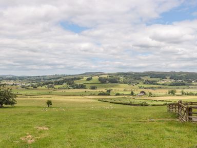 A rural landscape with fields sheep trees and hills at Coquet View Cottage in Rothbury