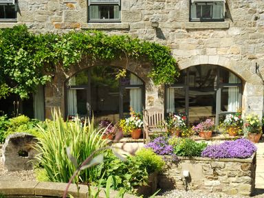 An outdoor garden with various plants and flowers in front of a stone building with arched windows and a wooden chair at The Steadings in Rothbury