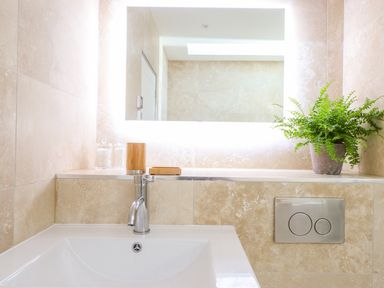 A bathroom sink with a faucet a lighted mirror a potted plant and countertop items at See Two Seas Cape Cornwall in St Just