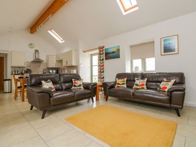 A living room with two brown leather sofas with patterned cushions a yellow rug and a kitchen area at Pen Tewan in Sennen