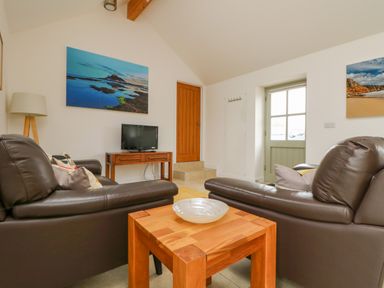 A sitting area with two brown leather sofas a wooden table with a bowl a wooden door a small TV on a wooden stand a floor lamp and landscape pictures at Pen Tewan in Sennen