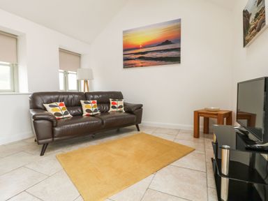 A living room with a brown leather sofa and patterned cushions a yellow rug and a television at An Gwel in Sennen