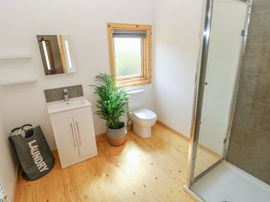 A bathroom with a sink cabinet mirror laundry bag toilet shower and a potted plant at Willow Lodge in St Florence