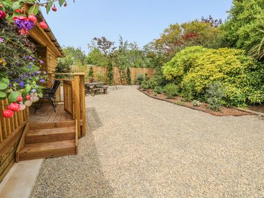 A gravel garden path with wooden steps leading to a porch chairs hanging flowers and shrubs at Willow Lodge in St Florence