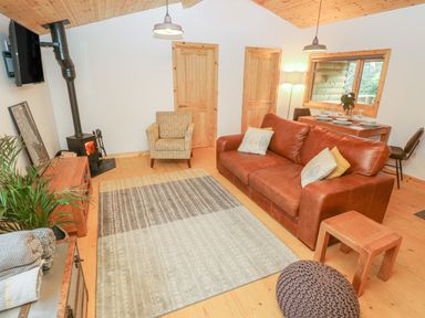 A living room with a brown leather sofa an armchair a wood stove and a dining table at Willow Lodge in St Florence