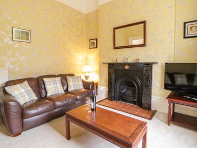 A living room with a brown leather sofa a wooden coffee table with wine bottle and glasses a fireplace and a television on a stand at Holcombe House in Torquay