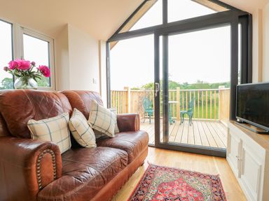 A living room with a brown leather sofa and plaid pillows facing sliding glass doors opening to a wooden deck with green chairs and a table at The Hideout in Llangrove