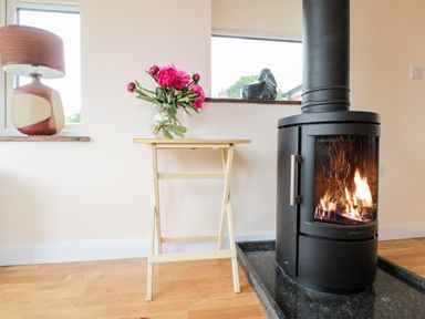 A room with a black wood stove fire a small wooden table with a vase of flowers and a lamp on a windowsill at The Hideout in Llangrove
