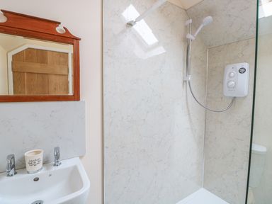 A bathroom with a sink, mirror, and a shower at The Hideout in Llangrove