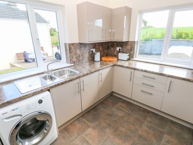 A kitchen with a washing machine a double sink kettle toaster and cabinets at Mill View in Neyland