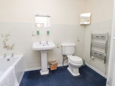 A bathroom with a bathtub pedestal sink toilet towel rack and blue carpet at Brackenbury Cottage in Beddgelert