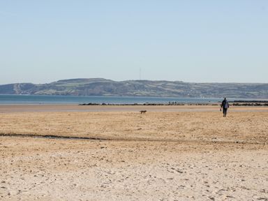 A person walking with a dog on a sandy beach with hills and water in the background at Y Gogarth in Benllech