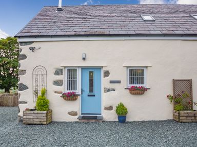 A stone house exterior with a blue door two windows flower pots and gravel ground at Marchlyn in Deiniolen