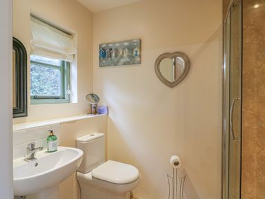 A bathroom with a sink toilet window and shower at The Apple Barn at Wyke Farm Lyme Regis