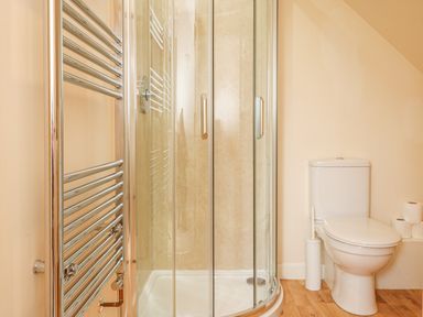 A bathroom with a glass shower enclosure a white toilet and a chrome towel radiator at The Apple Barn at Wyke Farm in Lyme Regis