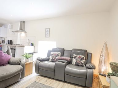 A living room with grey leather sofas and a small kitchen area with a cooker and microwave at Ffynnon Bach in Deiniolen