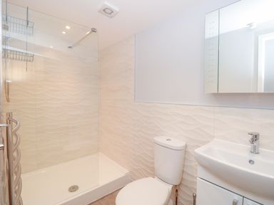 A bathroom with a walk-in shower toilet sink and mirror cabinet at 201 Norton Park in Dartmouth