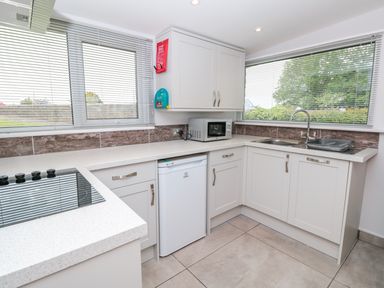 A kitchen with white cabinets a microwave a small refrigerator a stovetop and two windows with blinds at 201 Norton Park in Dartmouth