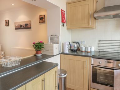 A kitchen with wooden cabinets, a stove, kettle, mugs, a bread box, a plant on the counter, and animal artwork on the wall at Church Road Annexe in Cinderford