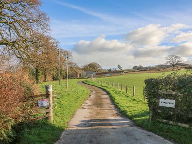 A rural driveway leading to farm buildings bordered by fences and trees at The Shippon at Wyke Farm in Lyme Regis