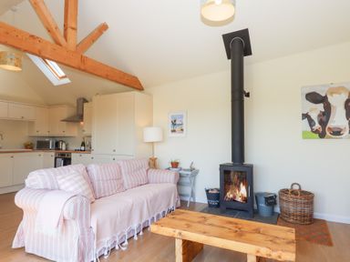 A living room with a pink striped sofa a wooden coffee table and a wood stove at The Shippon at Wyke Farm Lyme Regis