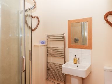 A bathroom with a glass shower enclosure a stainless steel towel rack a wall mirror and a sink at The Shippon at Wyke Farm Lyme Regis