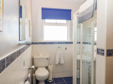 A bathroom with a toilet a glass shower door a blue window blind and blue tiled floor at Sea View Hideaway in Lahinch County Clare