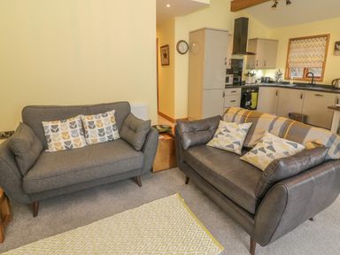 A living room with two sofas and a kitchen area at Nicky Nook Lodge in Scorton