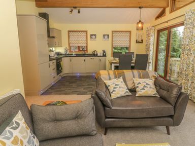A combined living room and kitchen with sofas and dining table at Nicky Nook Lodge in Scorton