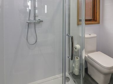 A bathroom with a walk in shower and a toilet next to a window at Nicky Nook Lodge in Scorton