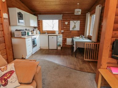A kitchen and dining area with white cabinets a stove a small fridge a table with chairs and wooden walls at Glanton in Longframlington