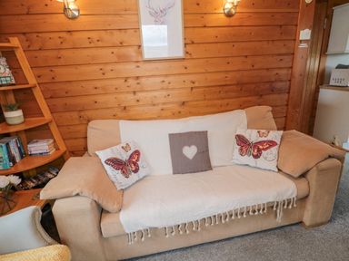 A beige sofa with butterfly and heart patterned cushions against a wooden wall with shelves and books at Glanton in Longframlington