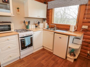 A kitchen with white cabinets a gas stove a microwave a mini fridge a toaster and a window showing trees at Glanton in Longframlington