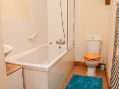 A bathroom with a bathtub a toilet with wooden seat and a blue rug on the floor at The Shippon in Barnstaple