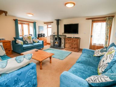 A living room with sofas and a fireplace at The Shippon in Barnstaple