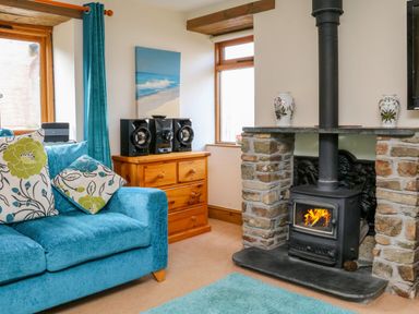 A living room with a sofa and fireplace at The Shippon in Barnstaple