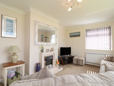 A living room with a TV on a stand a fireplace with decorations a side table with a lamp and magazines and a window with blinds at Tremethic in Trewoon